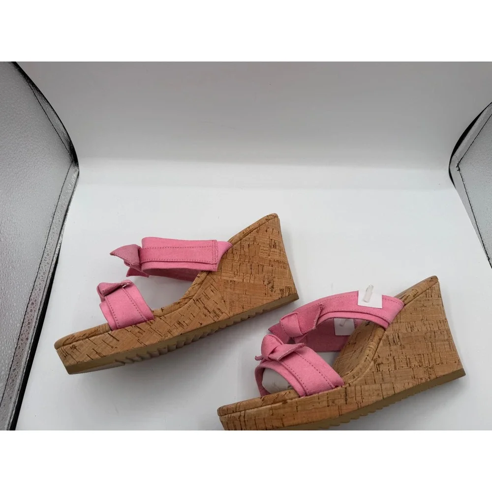 Anne Klein Pink Bow Cork‎ Wedge Sandals Womens Platform Slide Mules